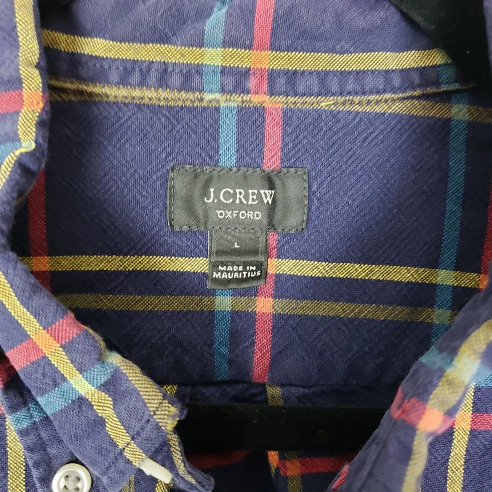 JCrew Long Sleeve Oxford Shirt Navy Blue Windowpane Plaid Office Casual Cotton L